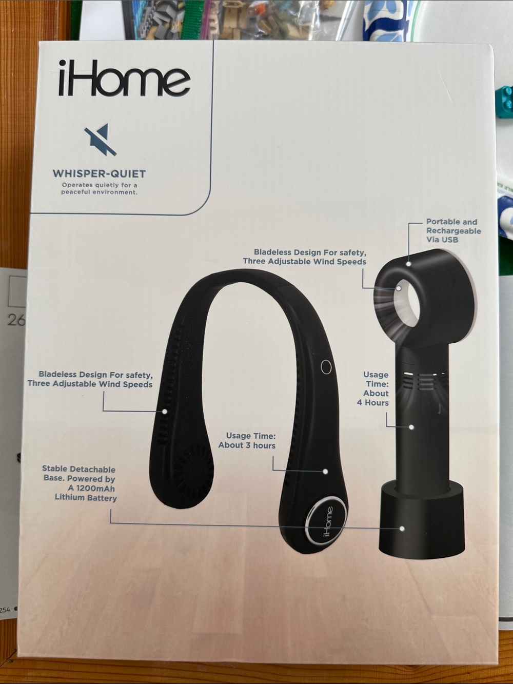 iHome Black Wearable Bladeless Neck Fan with Matching Black Detachable Stand